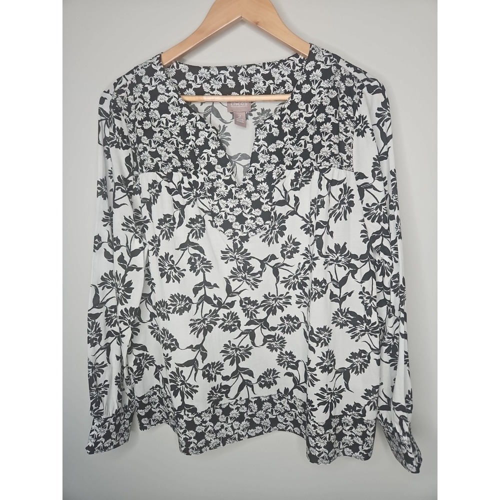 Chicos 2 Blouse Large Black White Floral Cotton Lyocell Peasant CottageCore Boho